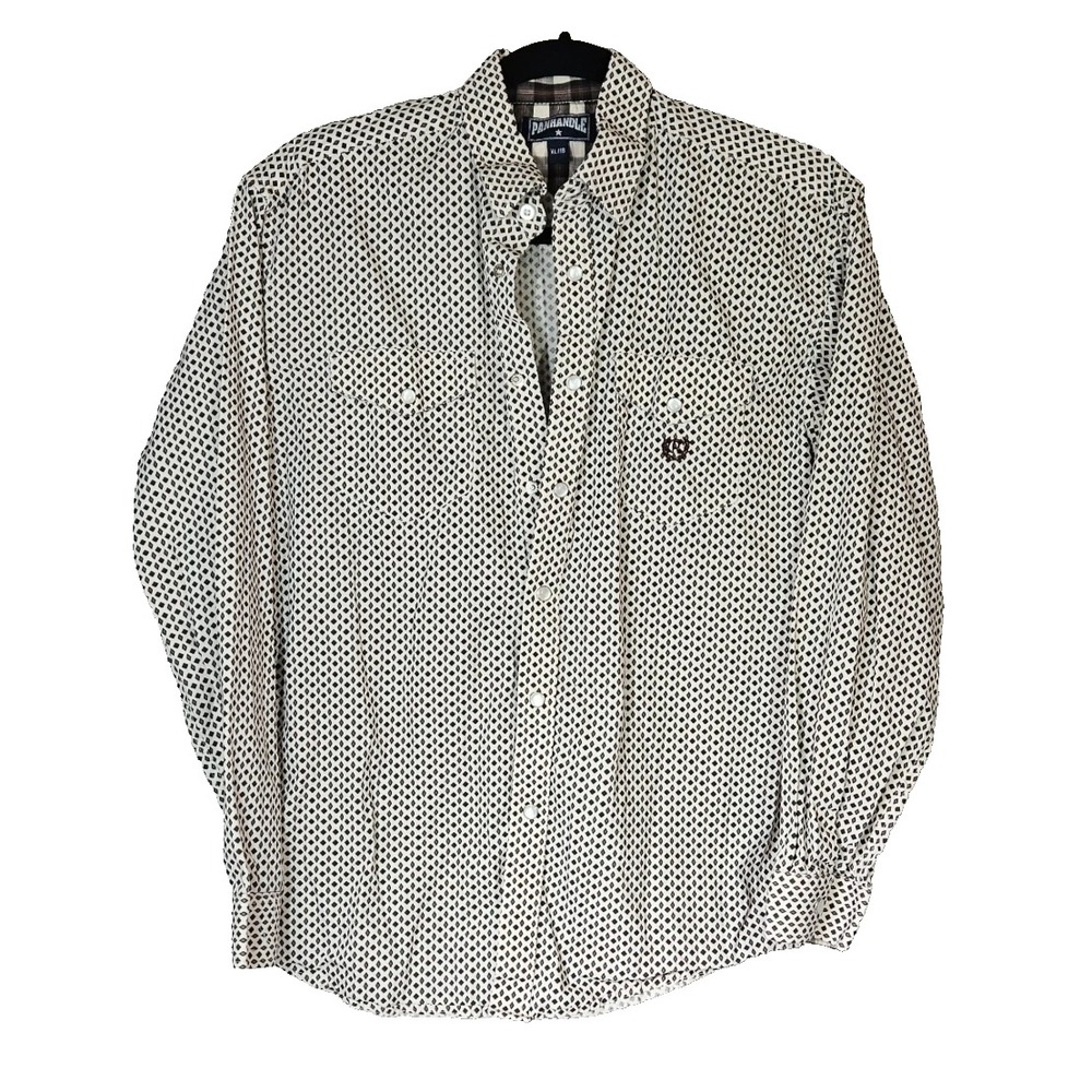 Panhandle Womens XL Western Shirt Pearl Snap Black White Diamond Print Cotton